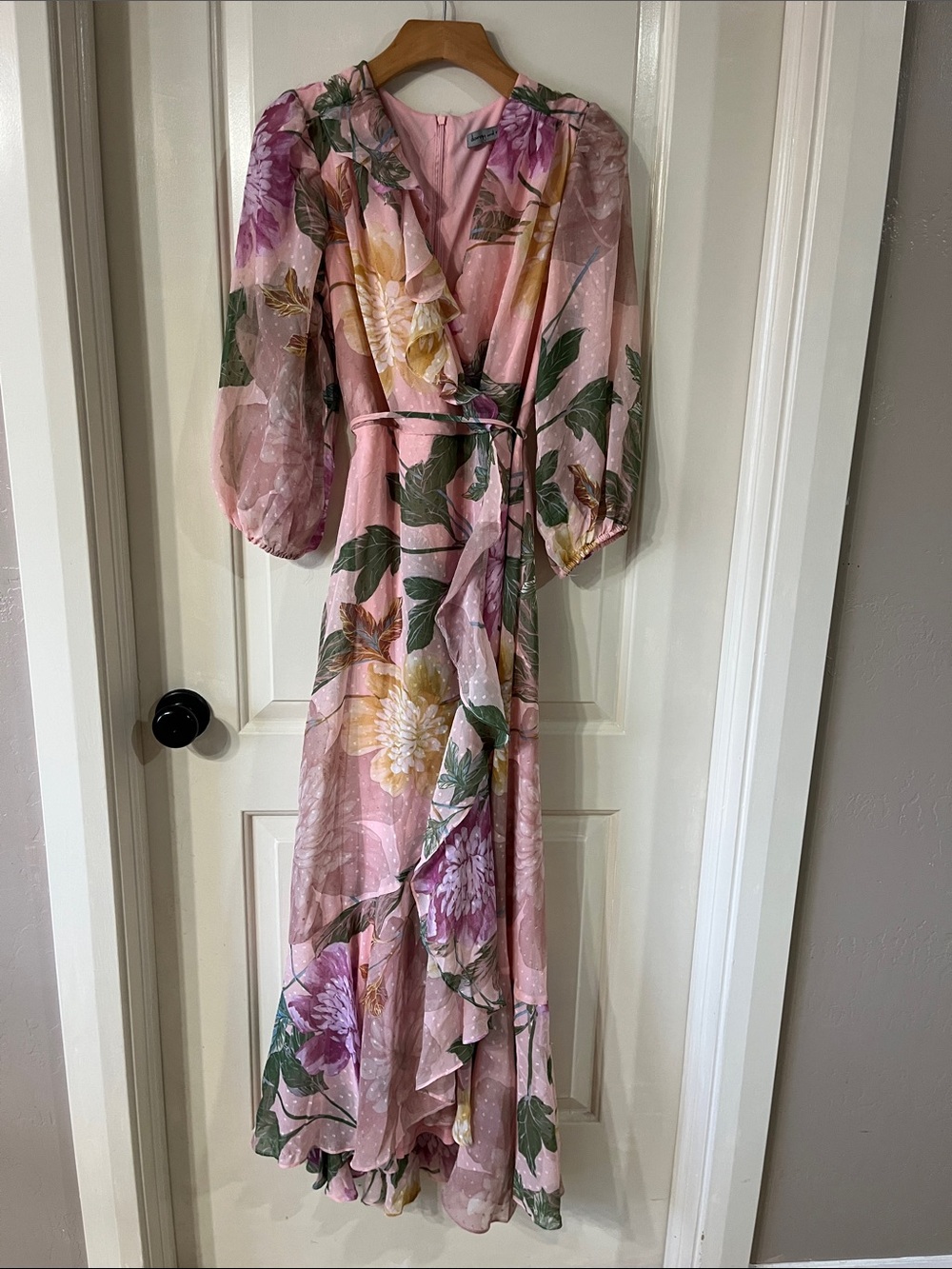 Floral Pink Wrap Maxi Dress with Ruffle Trim